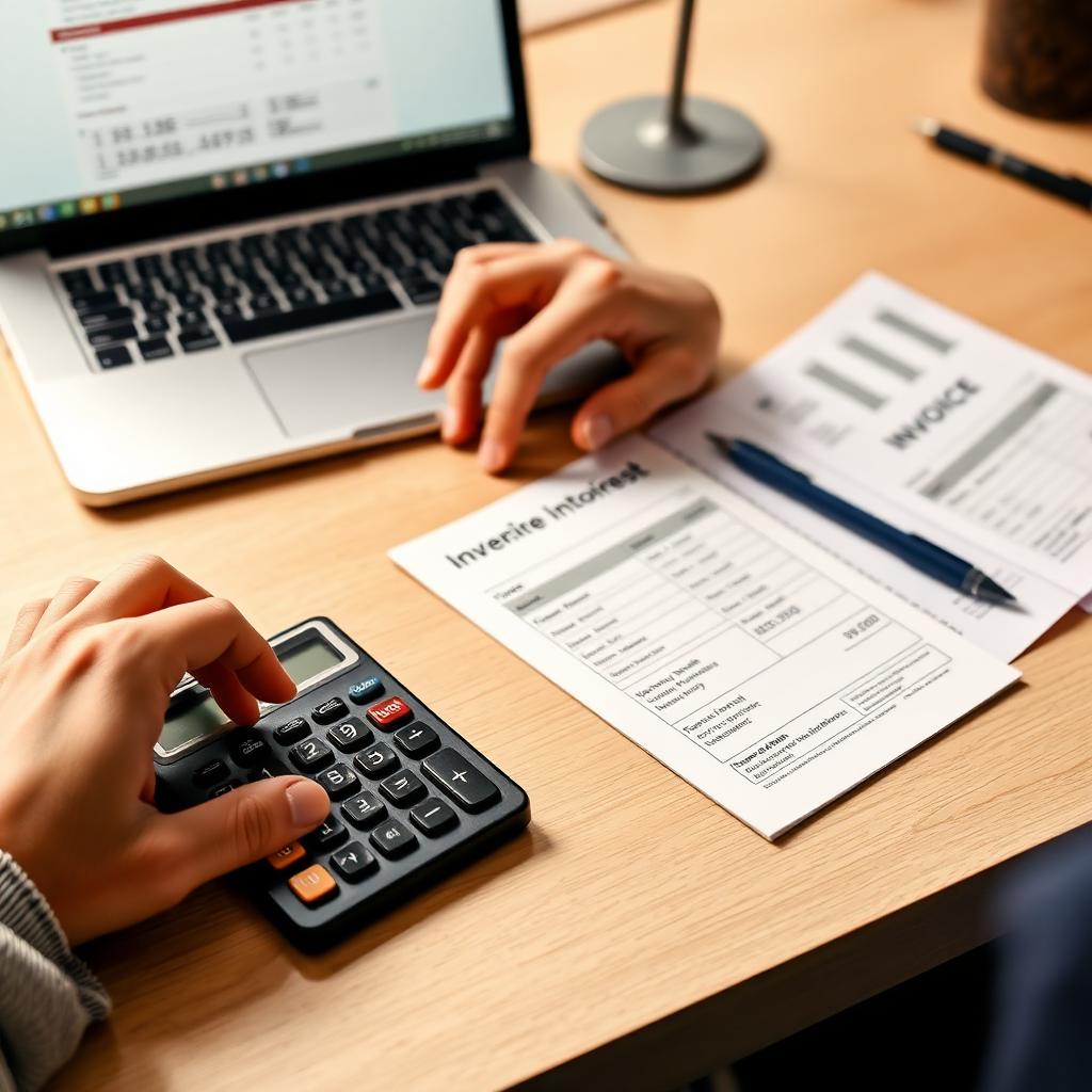 Business owner calculating late payment interest and recovery costs on an unpaid invoice